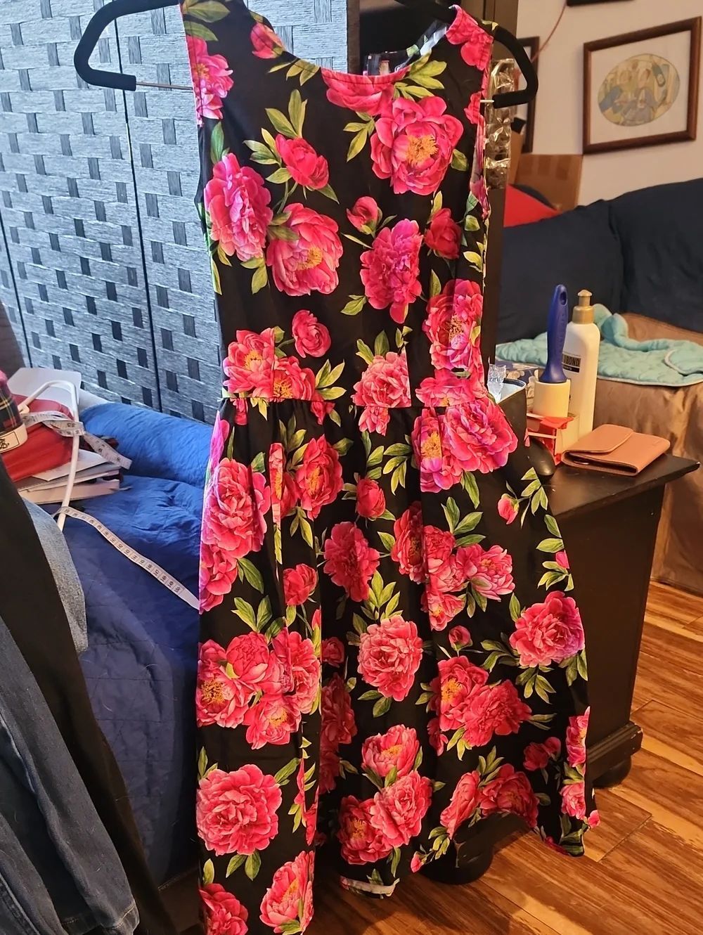 Retrolicious Black Dress with Hot Pink Roses and Green Leaves